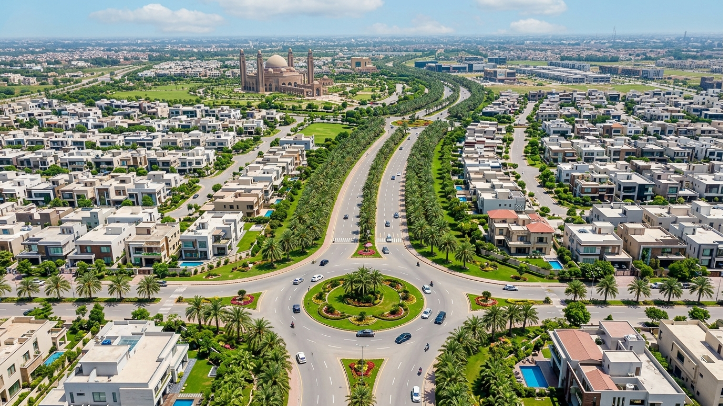 Aerial view of Bahria Town Lahore boulevard and villas